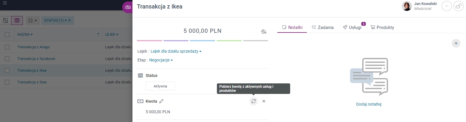 Zrzut ekranu przedstawiający opcję automatycznej aktualizacji kwoty na szansie sprzedaży.
