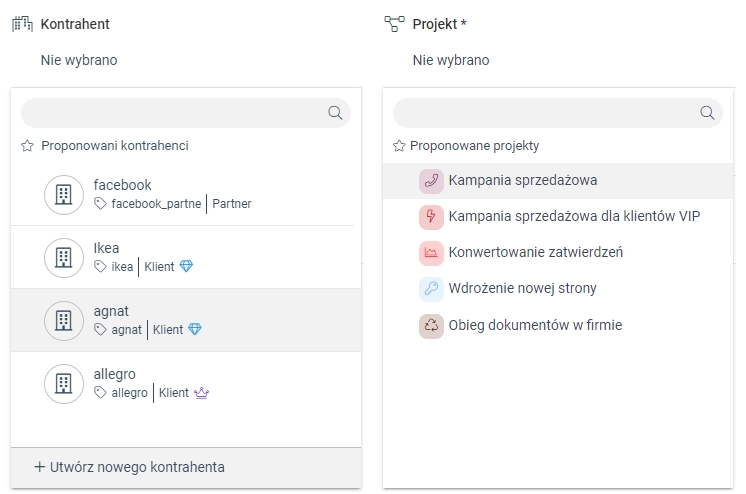 Zrzut ekranu przedstawiający proponowane rekordy kontrahentów i projektów. /21_2/