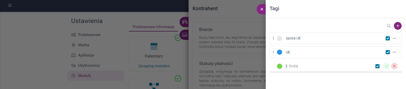 Zrzut ekranu przedstawiający ustawienia tagów dla kontrahenta. 
