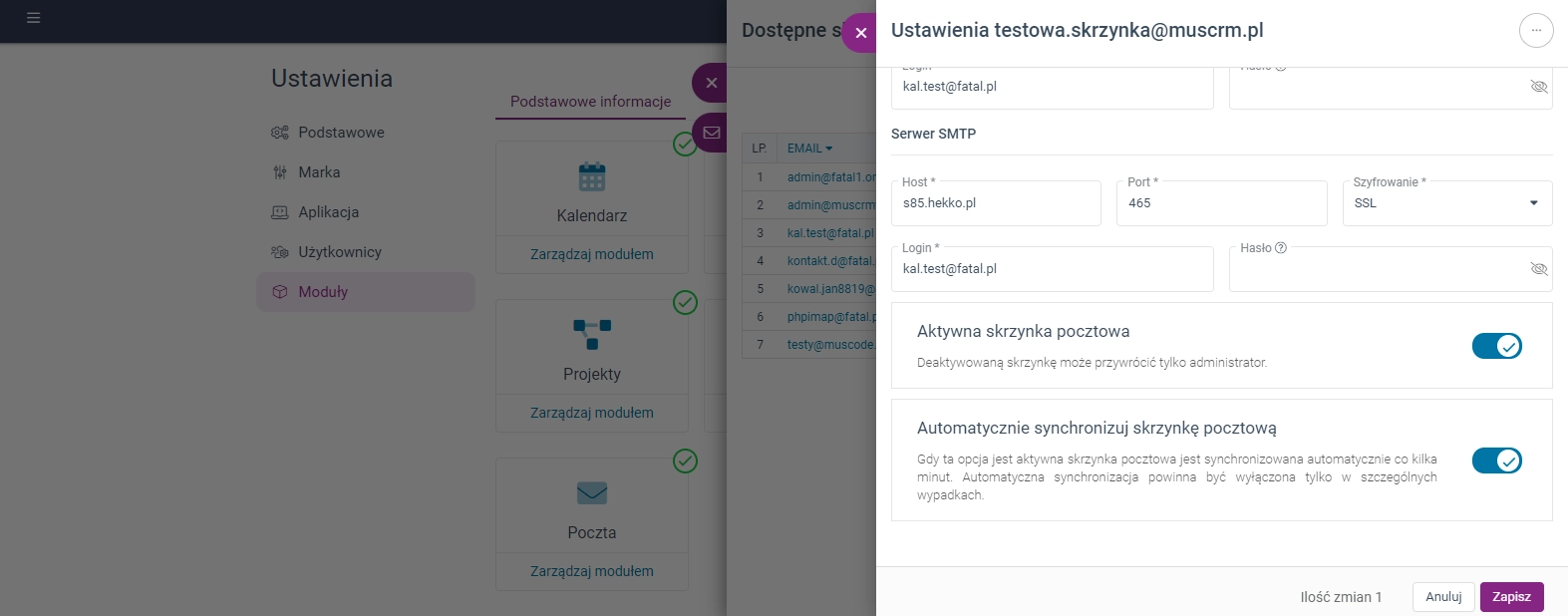 Zrzut ekranu przedstawiający ustawienia skrzynki pocztowej z opcją wyłączenia automatycznej synchronizacji. 