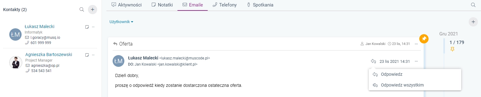Zrzut ekranu przedstawiający opcję odpowiedzi na wiadomość e-mail z poziomu kontrahenta. 