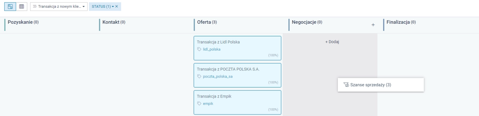 Zrzut ekranu przedstawiający grupowe przenoszenie szans w widoku Kanban. 