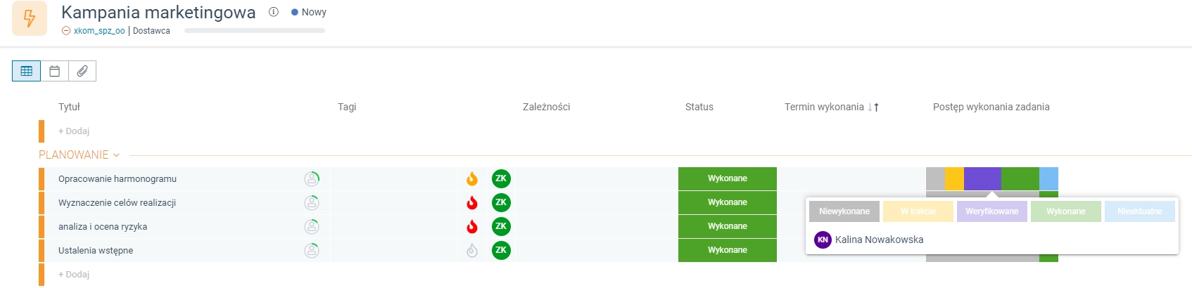 Zrzut ekranu przedstawiający pole 'Postęp wykonania zadania' na liście zadań. 