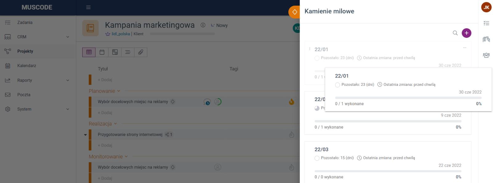 Zrzut ekranu przedstawiający ustawianie priorytetu kamieni milowych. 