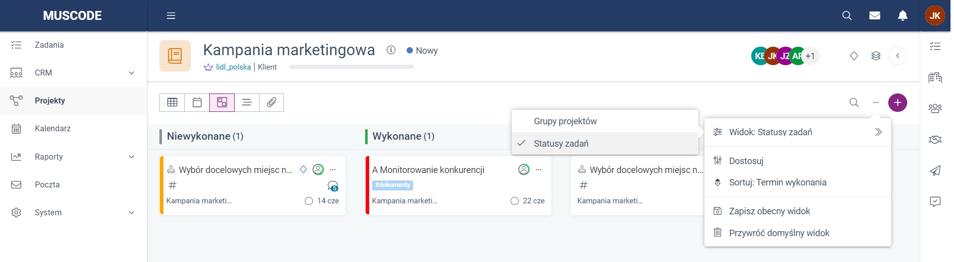 Zrzut ekranu przedstawiający widok zadań w projekcie zgodny z grupą projektu dla widoku Kanban. 