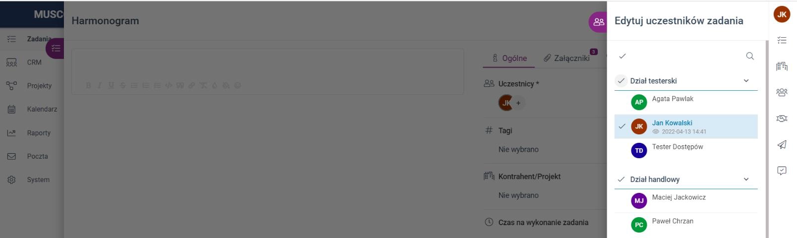 Zrzut ekranu przedstawiający dodawanie całego działu do uczestników zadania. 