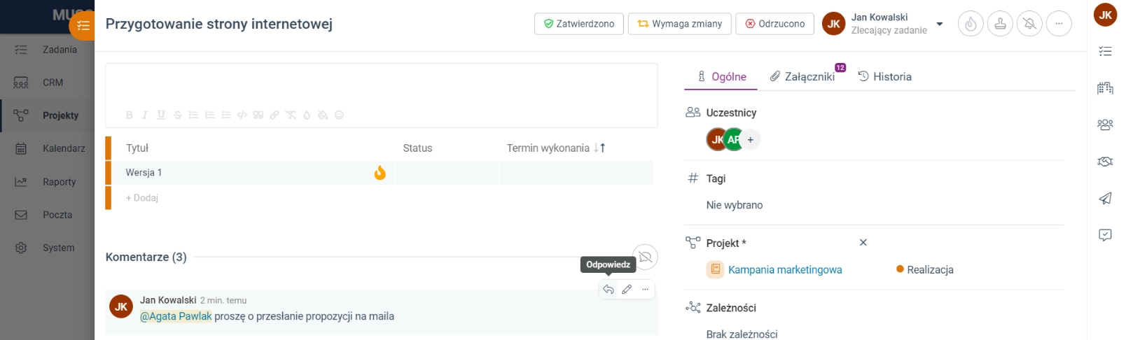 Zrzut ekranu przedstawiający opcję odpowiedzi na komentarz do zadania. 