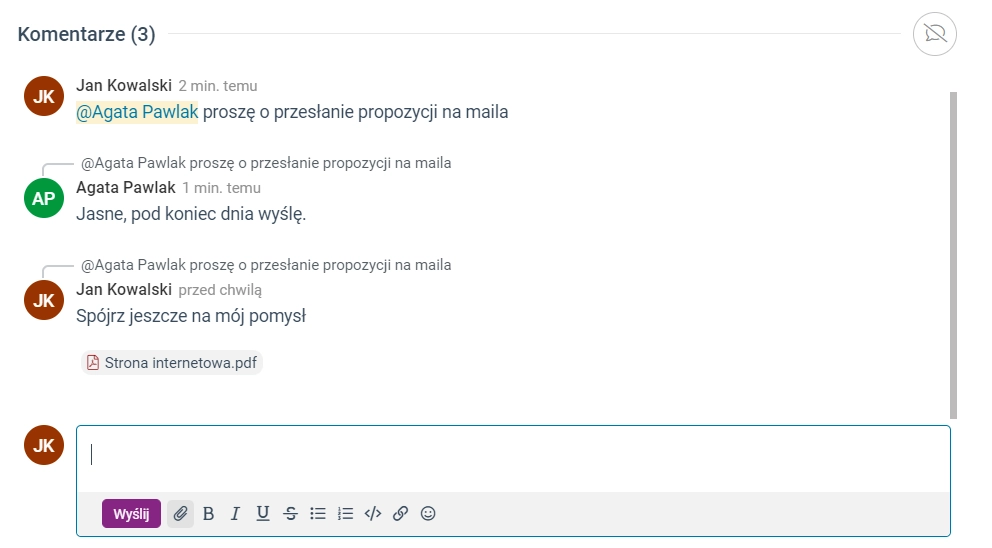 Zrzut ekranu przedstawiający dodawanie załączników do komentarzy. 