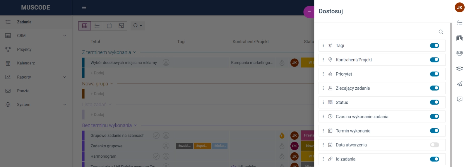 Zrzut ekranu przedstawiający pole ID zadania na liście zadań. 