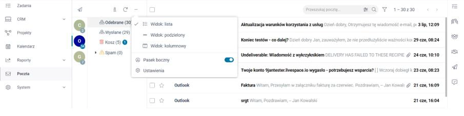 Zrzut ekranu przedstawiający nowy widok kont pocztowych z paskiem bocznym. 