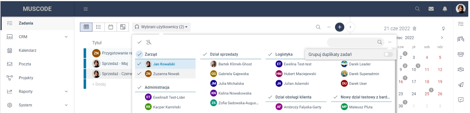 Zrzut ekranu przedstawiający opcję grupowania duplikatów zadań dla lidera. 