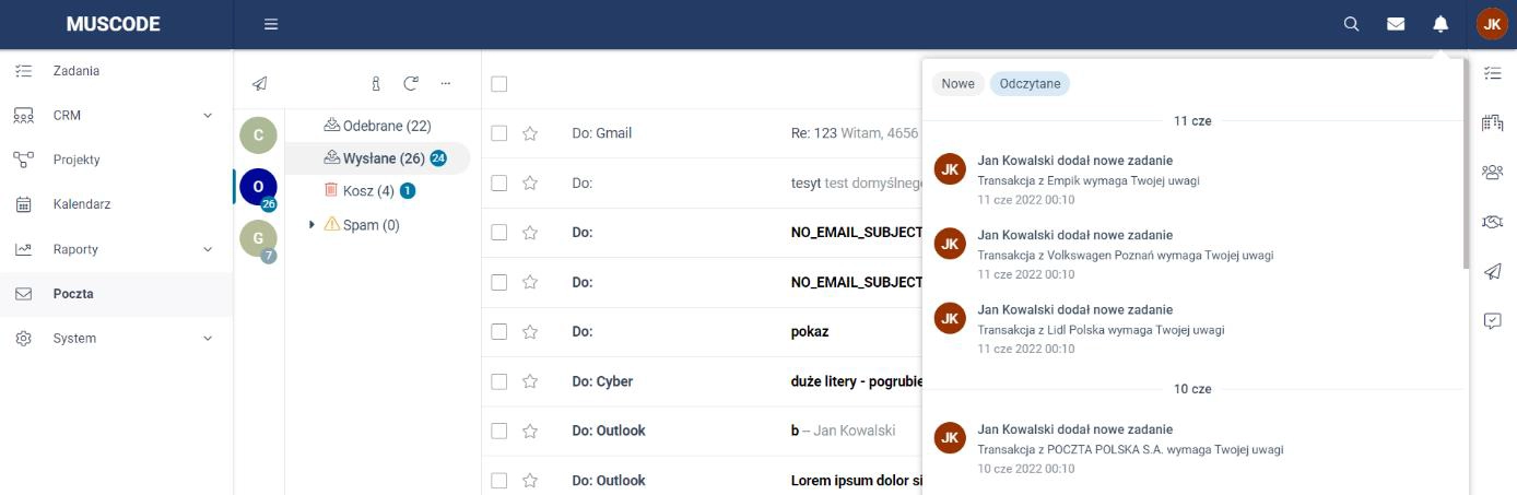 Zrzut ekranu przedstawiający podział powiadomień na wiadomości e-mail i systemowe. 