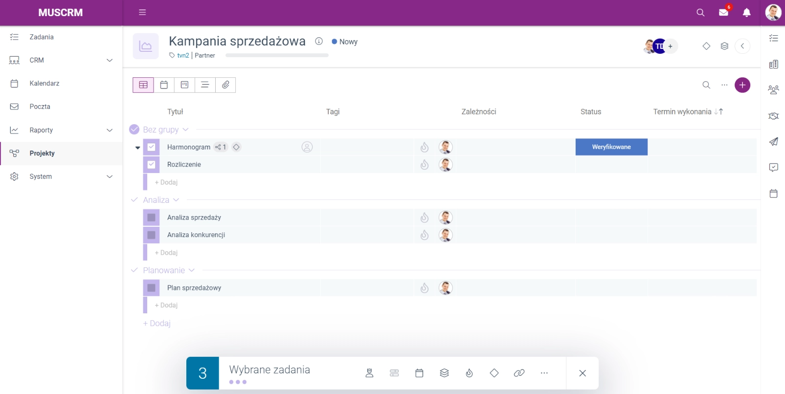 Zrzut ekranu przedstawiający sekcję 'Bez grupy' w liście zadań projektowych. 