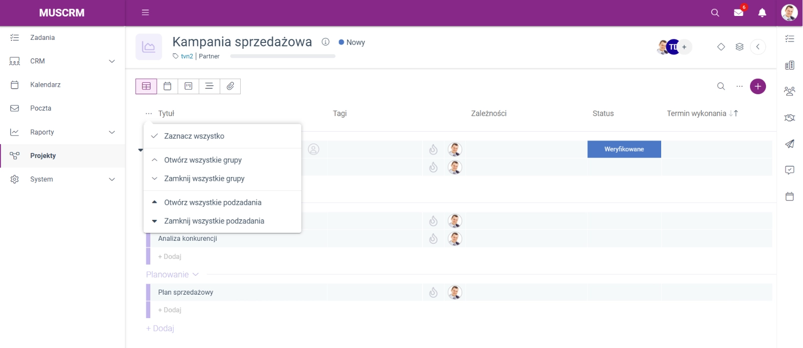 Zrzut ekranu przedstawiający opcję 'Zaznacz wszystko' oraz listę zadań projektowych. 