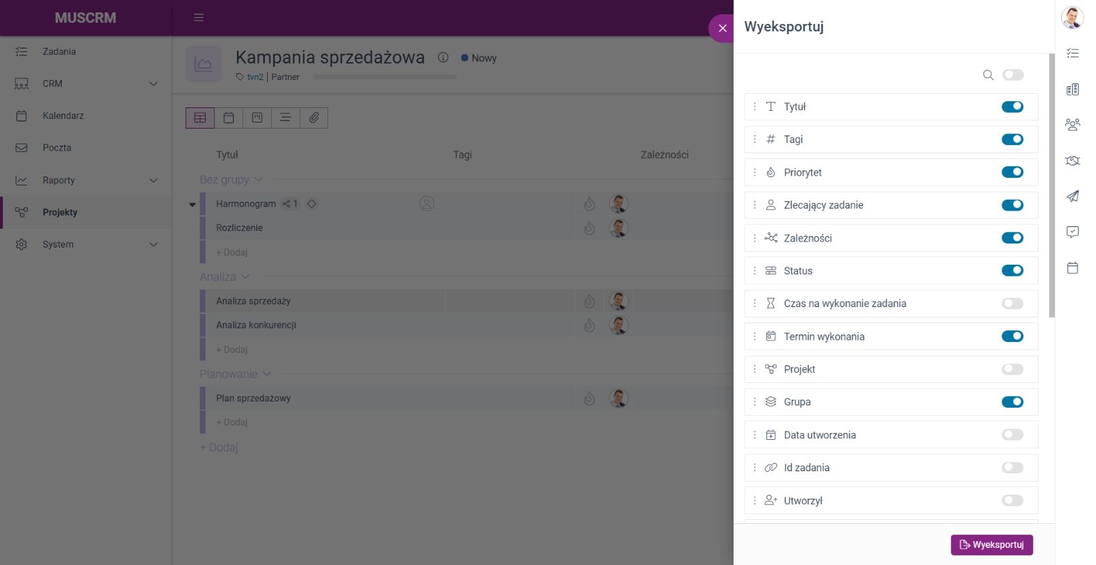 Zrzut ekranu przedstawiający panel eksportu danych z opcjami wyboru pól. 