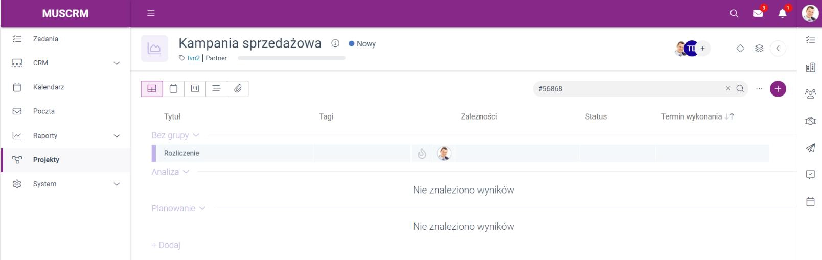 Zrzut ekranu przedstawiający wyszukiwarkę zadań na liście zadań projektowych. 