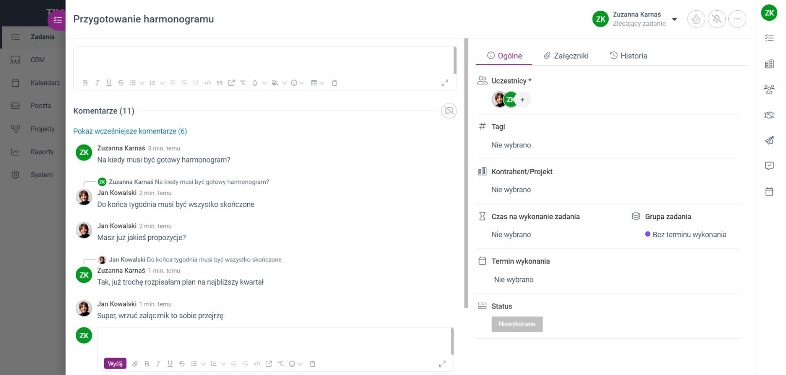 Zrzut ekranu przedstawiający zoptymalizowany widok komentarzy w zadaniu z opcją 'Pokaż wcześniejsze komentarze'. 