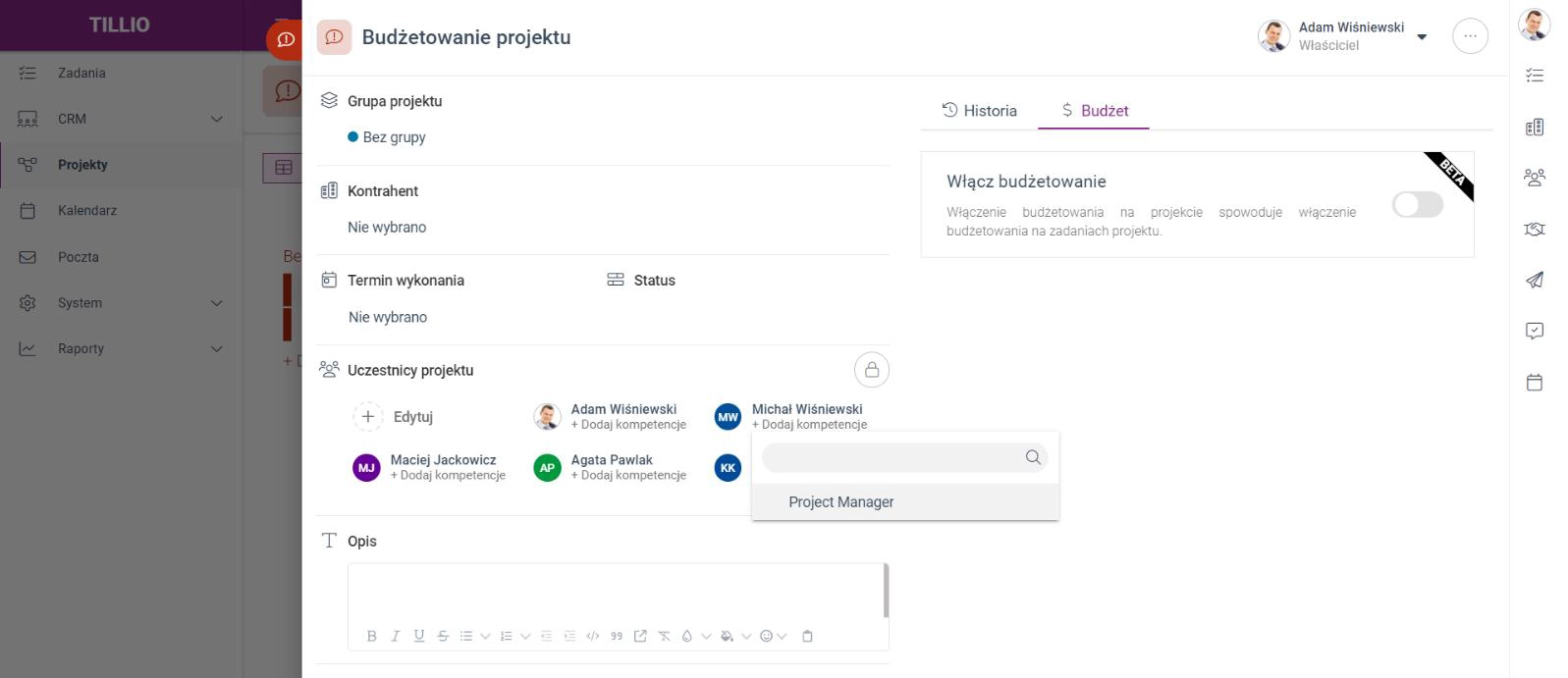 Zrzut ekranu przedstawiający zakładkę 'Budżet' w projekcie z opcją włączenia budżetowania i dodawania kompetencji. 