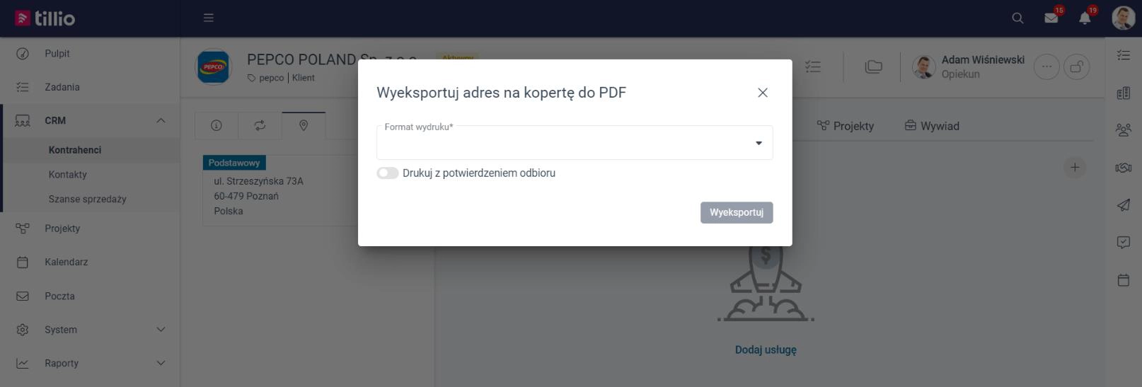 Zrzut ekranu przedstawiający okno eksportu adresu na kopertę do PDF. 