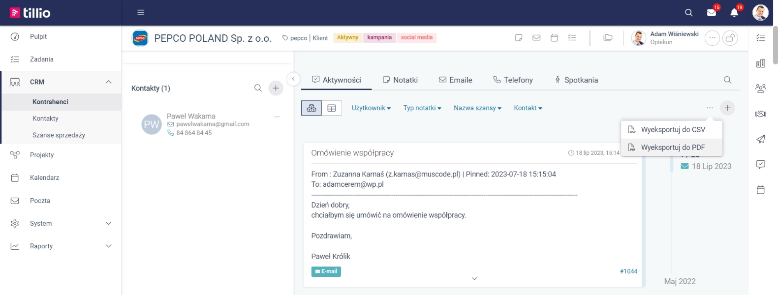 Zrzut ekranu przedstawiający opcję 'Wyeksportuj do PDF' w widoku aktywności kontrahenta. 