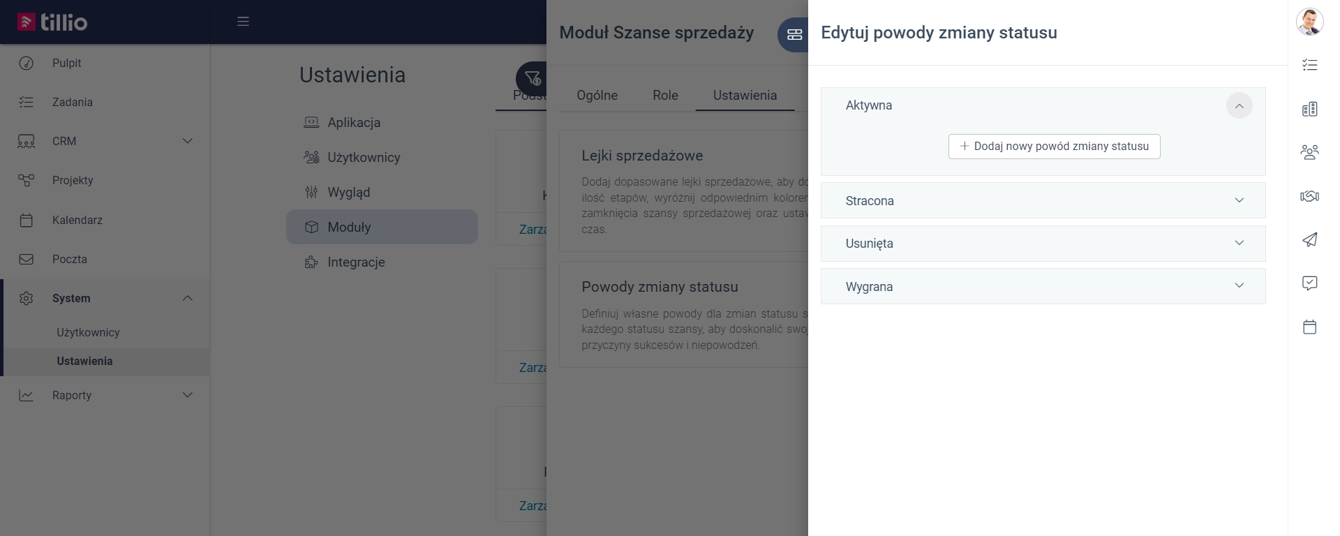Zrzut ekranu przedstawiający ustawienia domyślnych powodów zmiany statusu w module Szanse sprzedaży. 