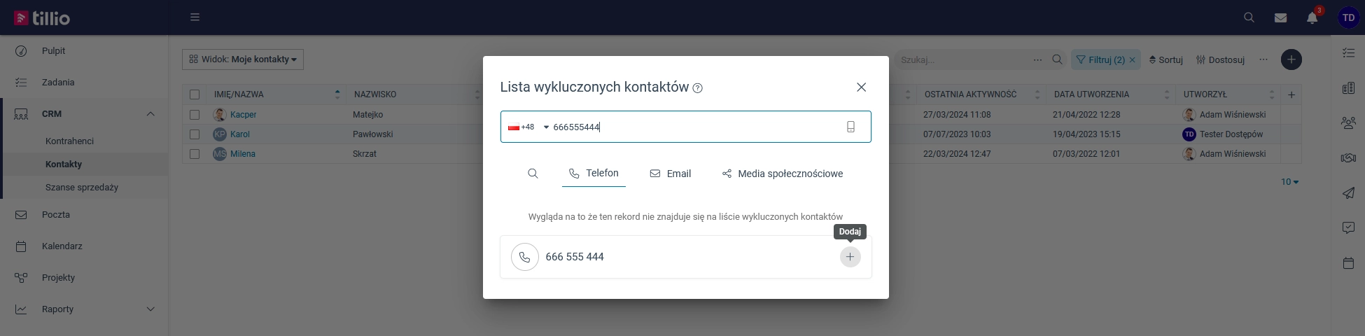 Zrzut ekranu przedstawiający okno dodawania numeru telefonu do listy wykluczonych kontaktów. 