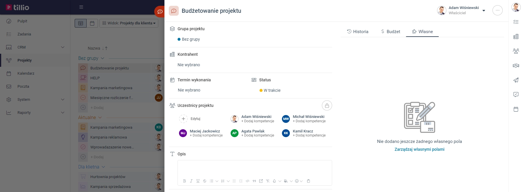 Zrzut ekranu przedstawiający okno dodawania pola niestandardowego z poziomu edycji projektu.  
