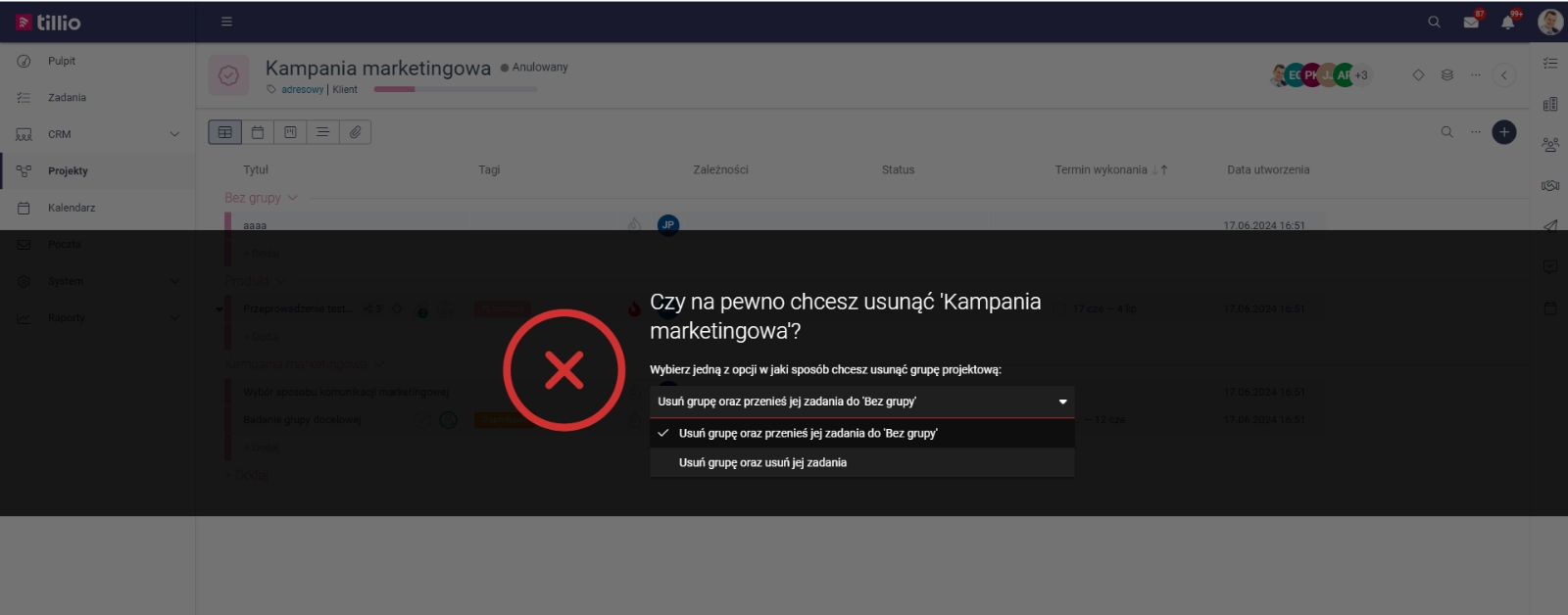 Zrzut ekranu przedstawiający okno dialogowe usuwania grupy projektowej z opcjami przeniesienia zadań.  