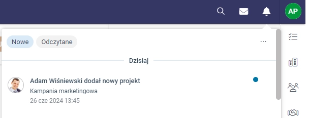 Zrzut ekranu przedstawiający powiadomienie o dodaniu nowego projektu.  