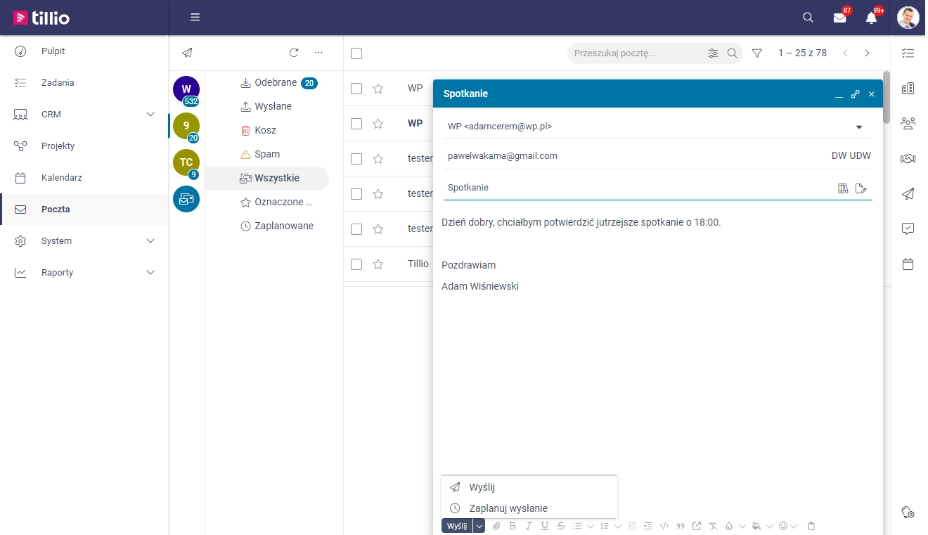 Zrzut ekranu przedstawiający opcję zaplanowania wysyłki wiadomości email.  