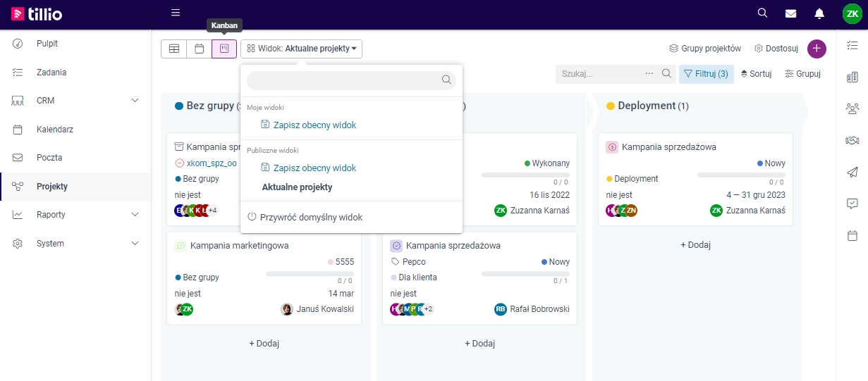 Zrzut ekranu przedstawiający panel zarządzania widokami Kanban dla projektów. 