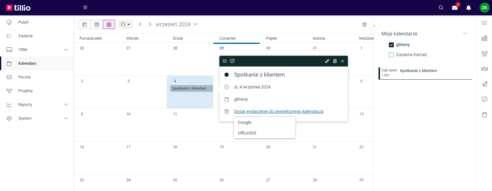 Zrzut ekranu przedstawiający opcję dodawania wydarzenia do zewnętrznego kalendarza (Google, Office365). 