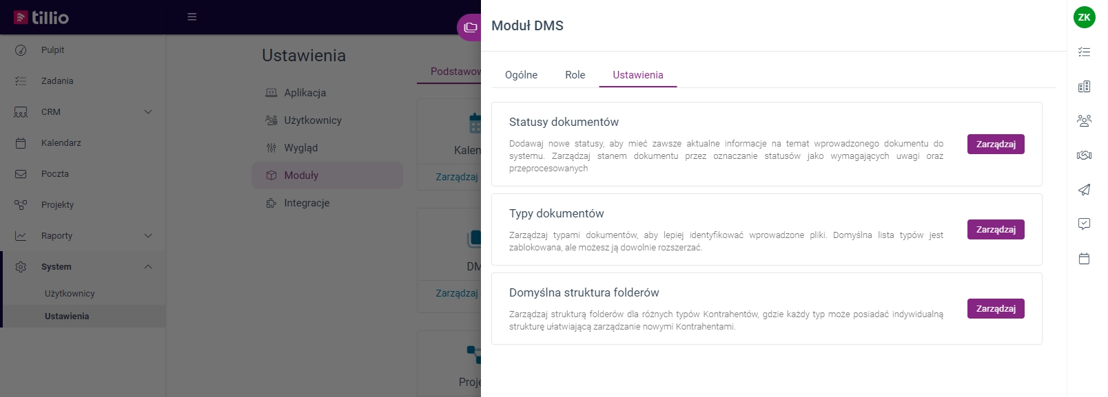 Zrzut ekranu przedstawiający ustawienia domyślnej struktury folderów w module DMS. 