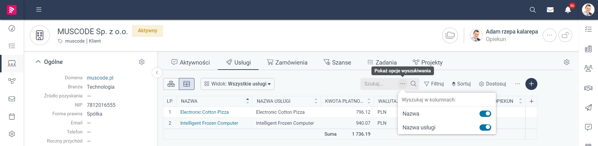 Zrzut ekranu przedstawiający opcje wyszukiwania dla usług. 