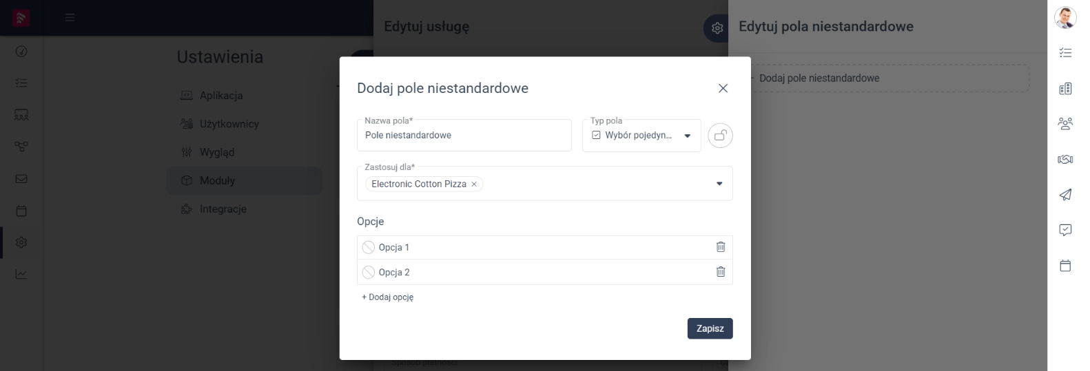 Zrzut ekranu przedstawiający formularz dodawania pola niestandardowego. 