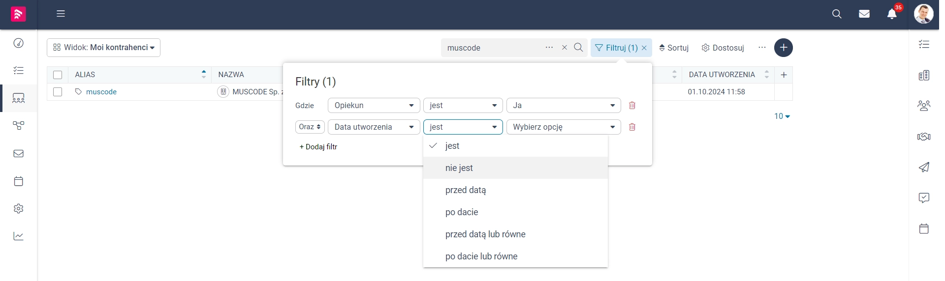 Zrzut ekranu przedstawiający opcję negatywnego filtrowania dla pól typu Data. 