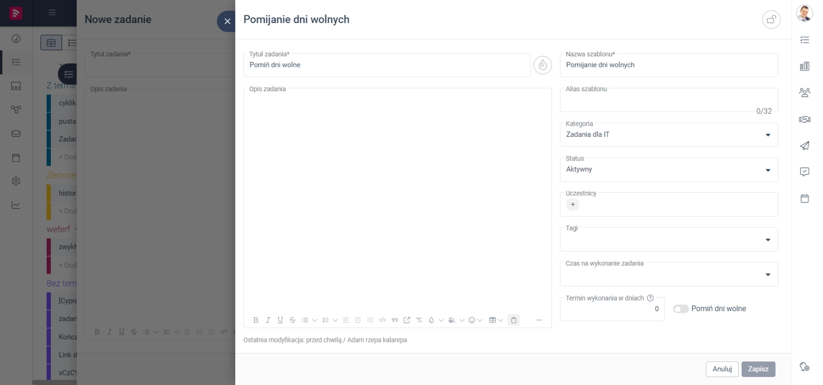Zrzut ekranu przedstawiający opcję 'Pomijanie dni wolnych' w szablonie zadań. 