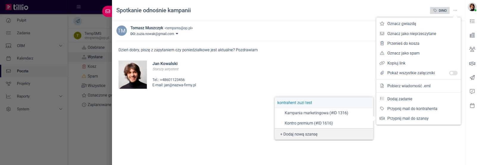 Zrzut ekranu przedstawiający opcję dodawania nowej szansy sprzedaży z poziomu wiadomości e-mail. 
