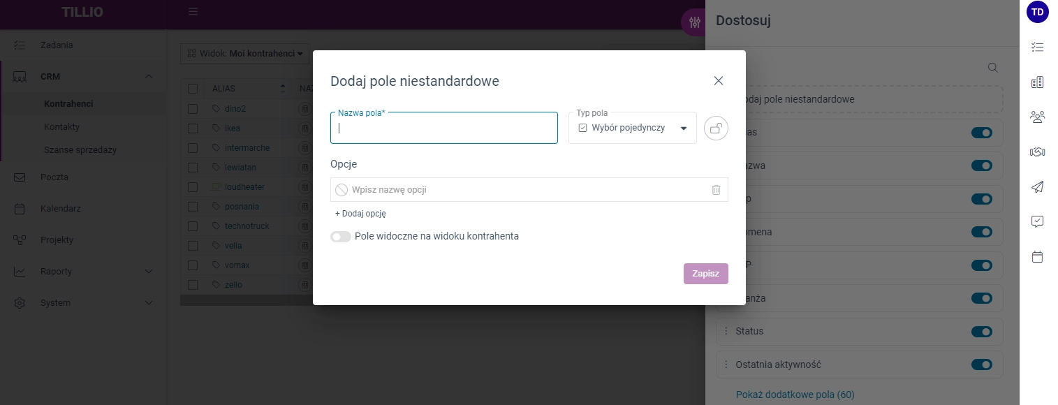 Zrzut ekranu przedstawiający okno dialogowe 'Dodaj pole niestandardowe' z wyborem typu pola. 