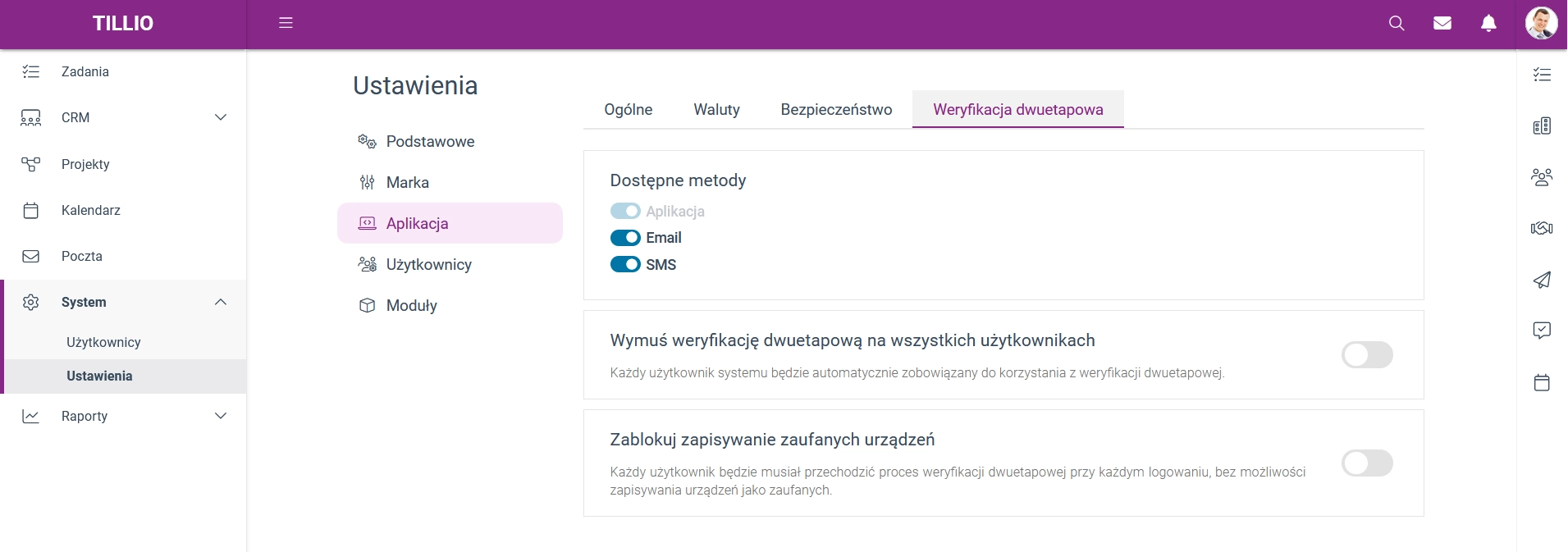 Zrzut ekranu przedstawiający ustawienia weryfikacji dwuetapowej. 
