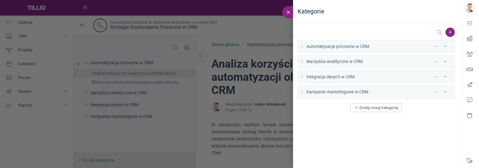 Zrzut ekranu przedstawiający panel zarządzania kategoriami w Moduł Wiki. 