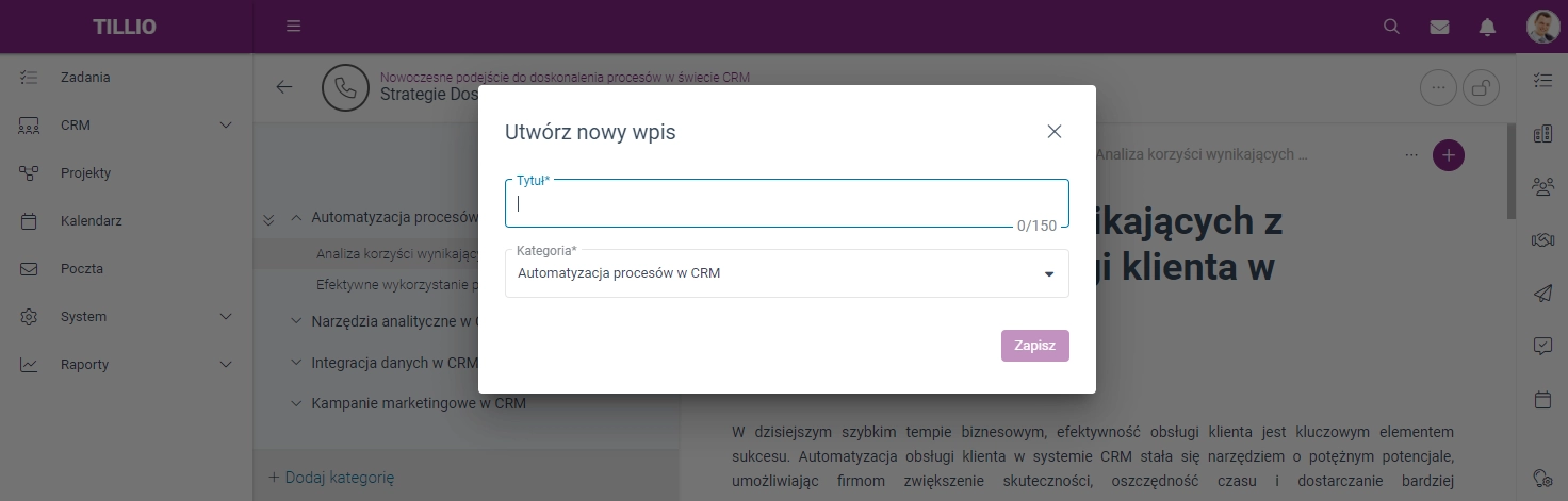 Zrzut ekranu przedstawiający okno tworzenia nowego wpisu w Moduł Wiki. 