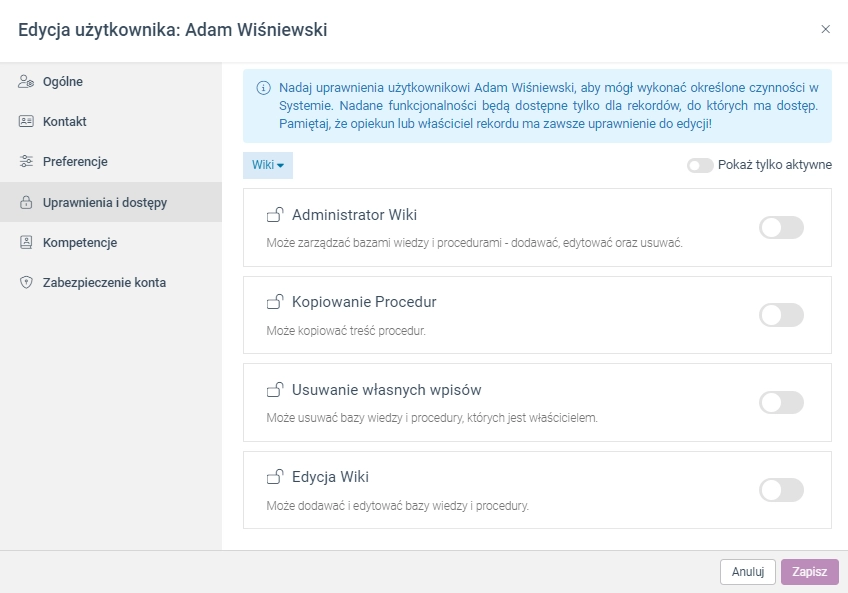 Zrzut ekranu przedstawiający ustawienia uprawnień dla Modułu Wiki. 