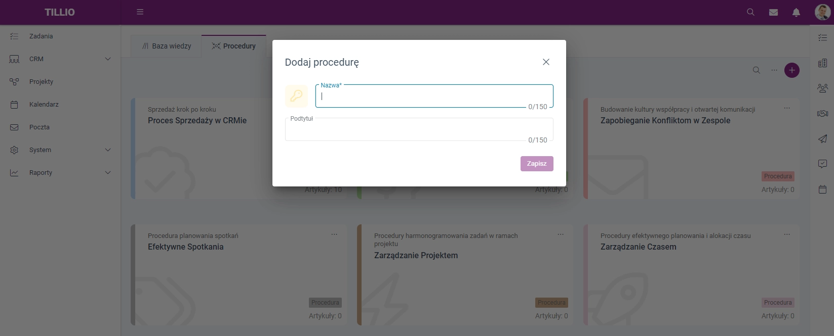 Zrzut ekranu przedstawiający okno dodawania nowej procedury. 