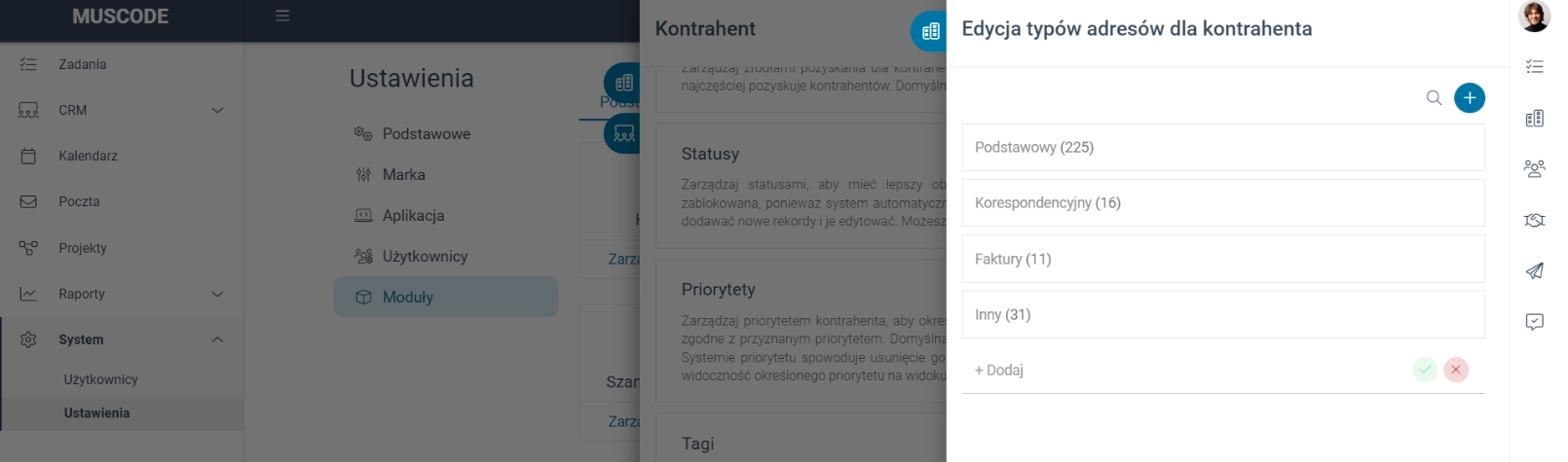 Okno edycji typów adresów dla kontrahenta w ustawieniach systemowych. 