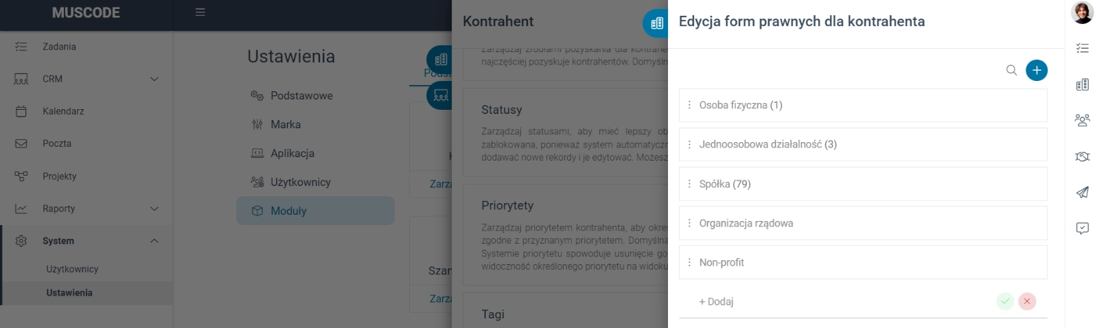 Okno edycji form prawnych dla kontrahenta w ustawieniach systemowych. 