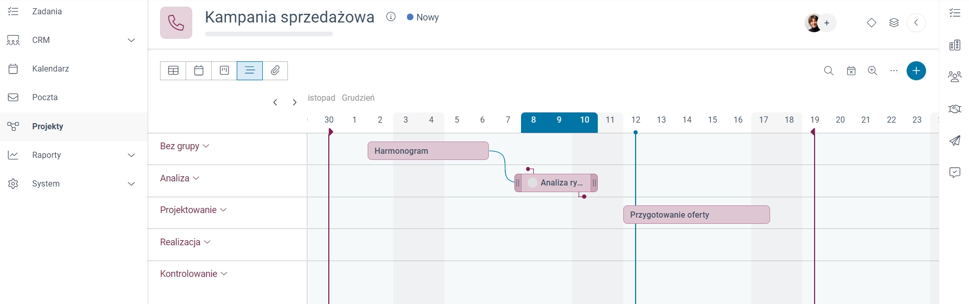 Tworzenie zależności pomiędzy dwoma zadaniami na osi czasu poprzez przeciągnięcie łącznika. 