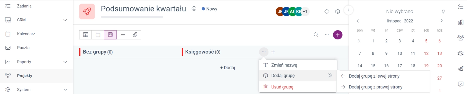 Widok Kanban z menu kontekstowym grupy, pokazującym opcje zarządzania grupami.