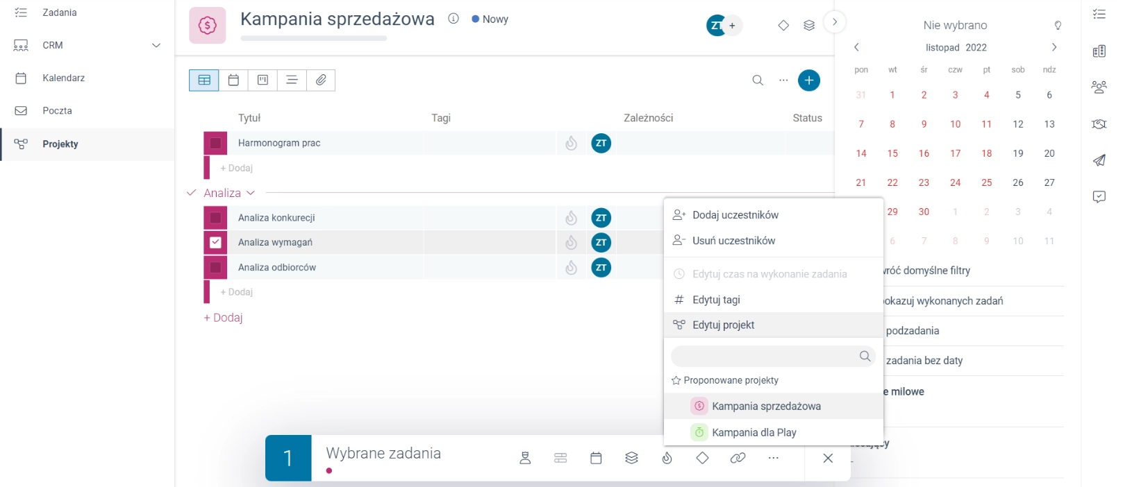 Menu akcji grupowych dla zaznaczonych zadań z widoczną opcją 'Edytuj projekt'. 
