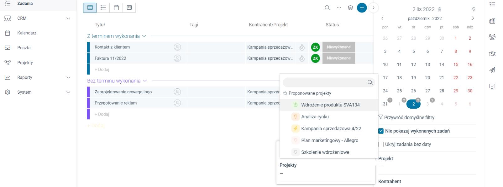 Panel filtrów na liście zadań z rozwiniętą opcją wyboru projektu. 